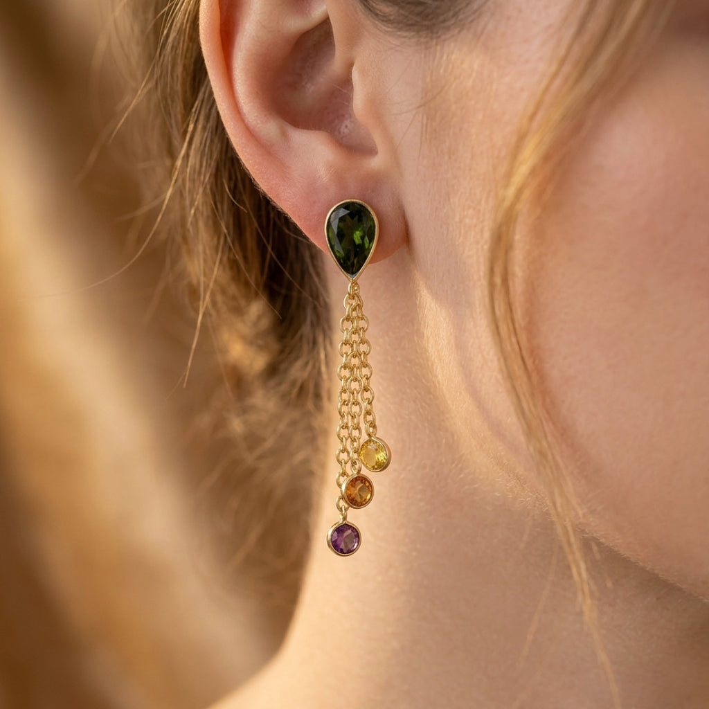 Forest Glow Tassel Drop Earrings | Green Gemstone Statement Earrings