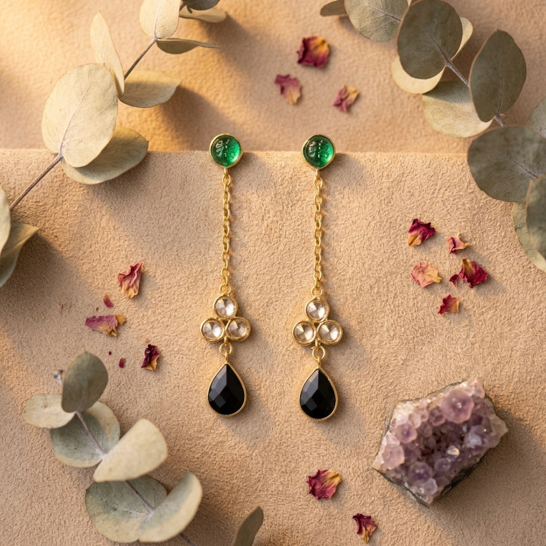 Emerald Green & Black Crystal Long Drop Earrings for Women | Elegant Gold-Tone Dangle Earrings