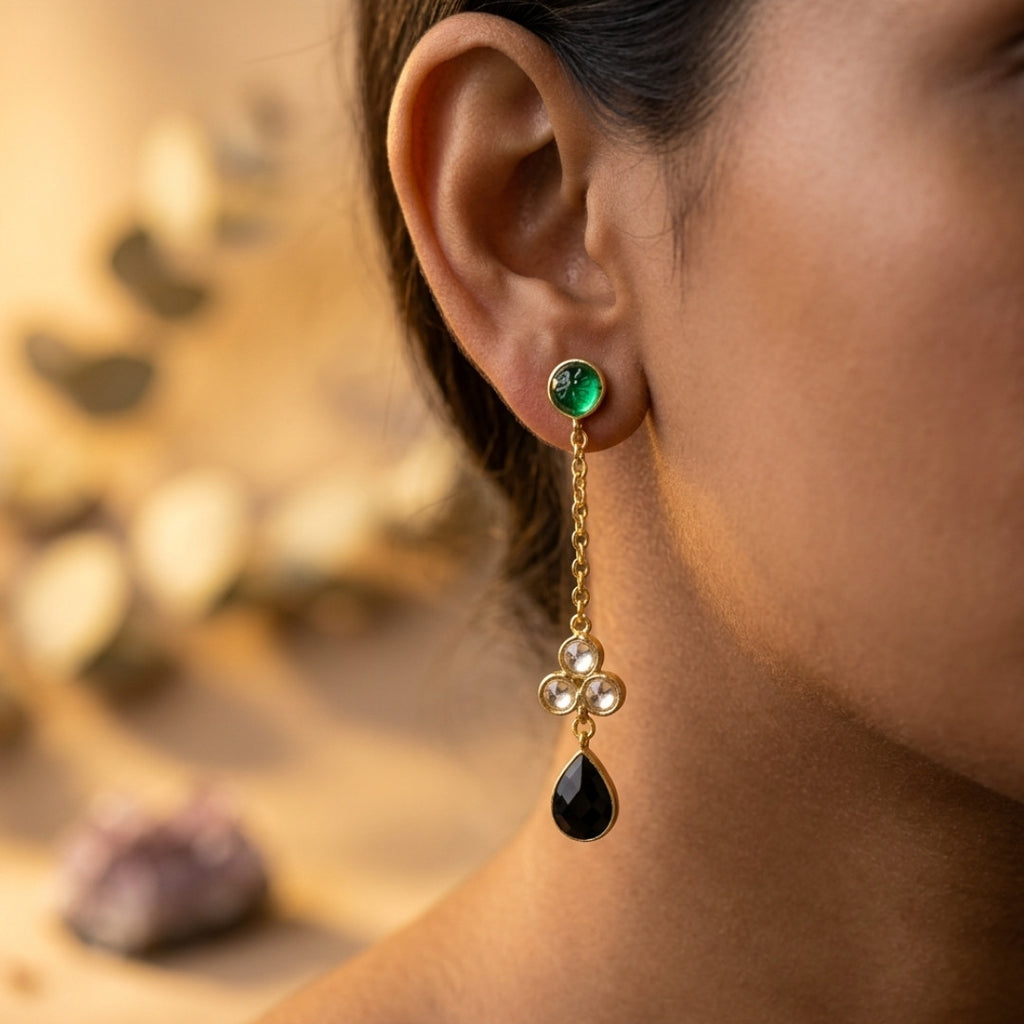 Emerald Green & Black Crystal Long Drop Earrings for Women | Elegant Gold-Tone Dangle Earrings