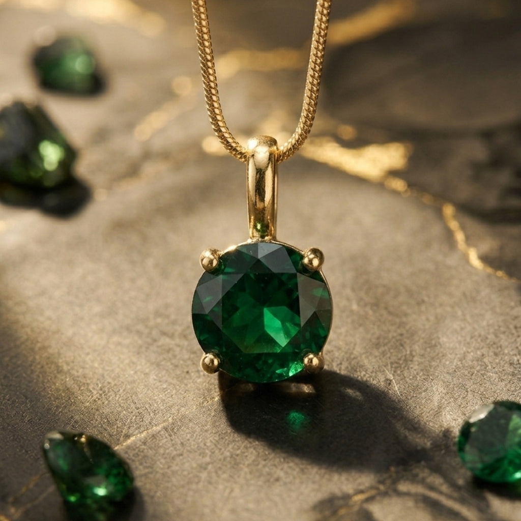 Minimalist Emerald Green Solitaire Pendant Necklace in Gold Tone