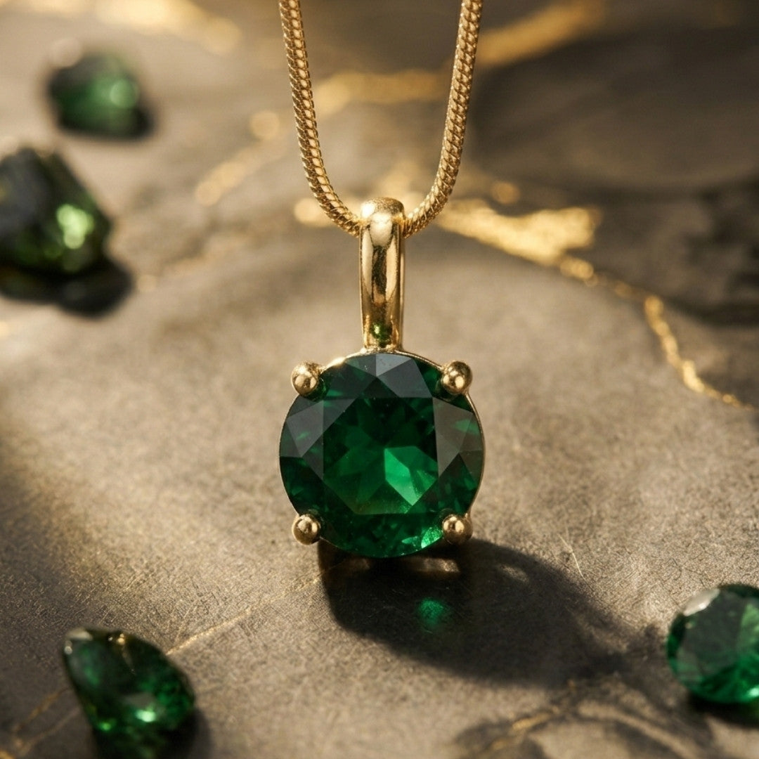 Minimalist Emerald Green Solitaire Pendant Necklace in Gold Tone
