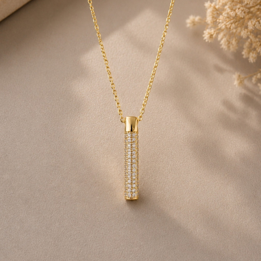 Golden Cylinder Pavé Crystal Jewelry Set – Luxe Pendant Necklace & Matching Hoop Earrings