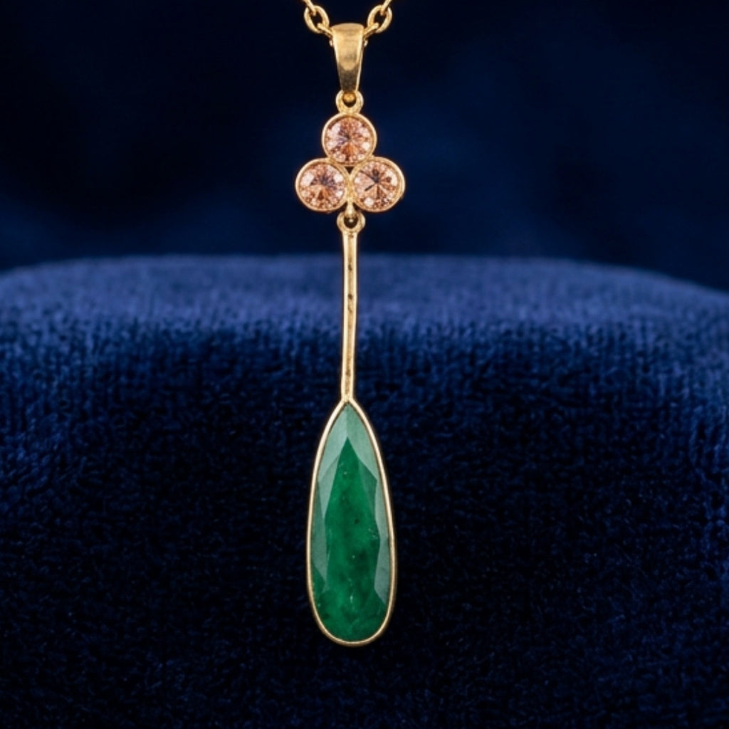 Emerald Teardrop Pendant Necklace with Delicate Floral Accent