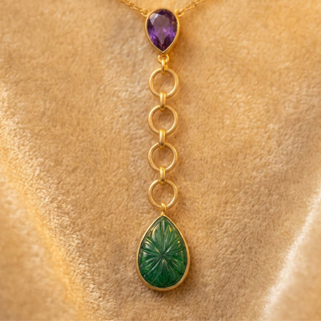 Enchanting Amethyst and Carved Floral Drop Necklace