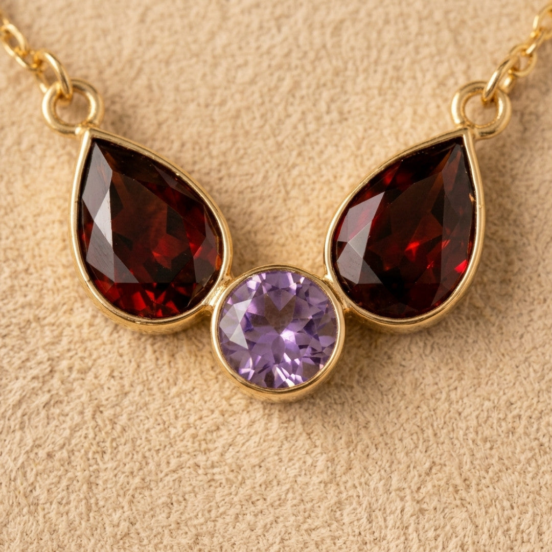 Multicolor Gemstone Statement Necklace – Red Pear & Purple Round Pendant