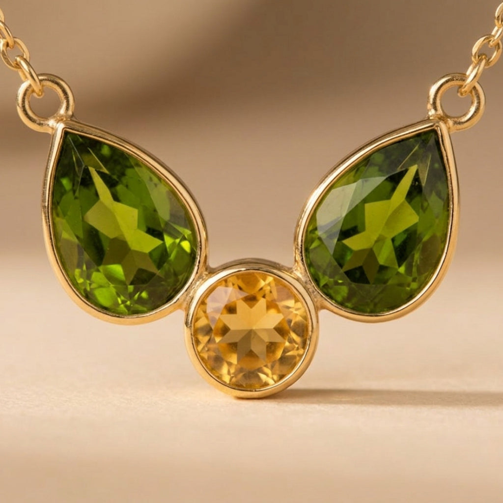 Elegant Gemstone Trio Necklace – Pear-Cut Green & Round Yellow Pendant