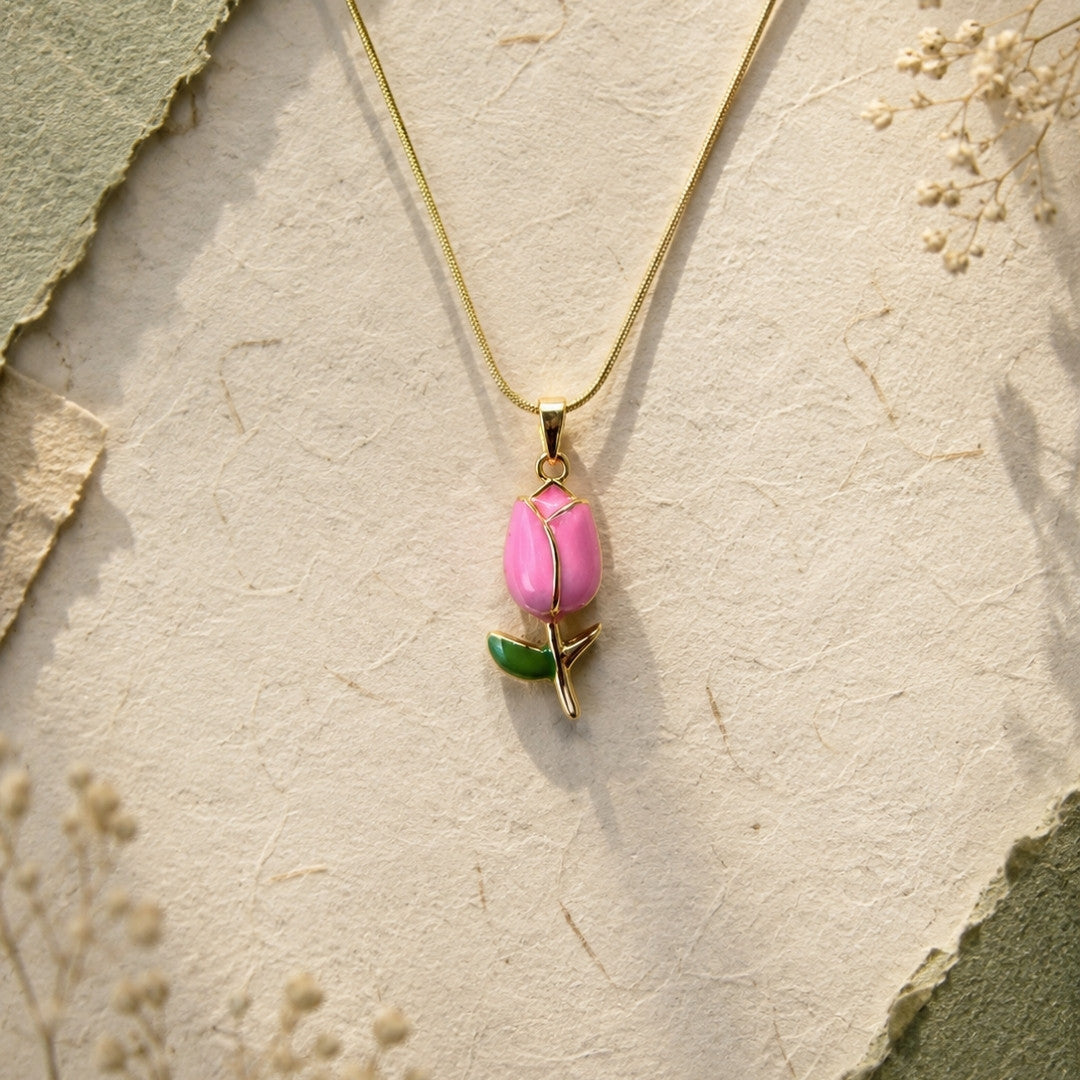 Enamel Pink Tulip Pendant Necklace – Delicate Gold-Tone Botanical Jewelry