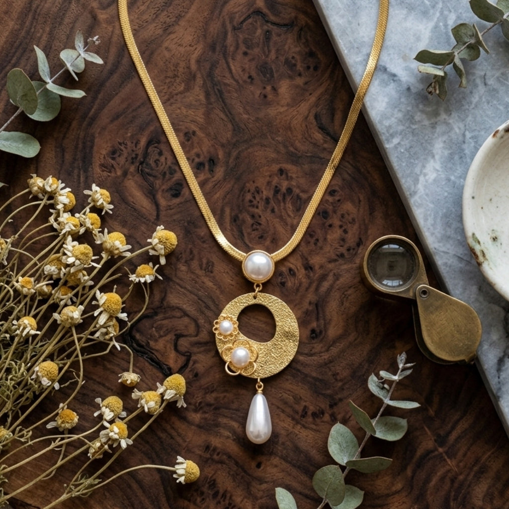 Vintage Pearl Drop Pendant Necklace – Gold-Tone Statement Necklace for Women