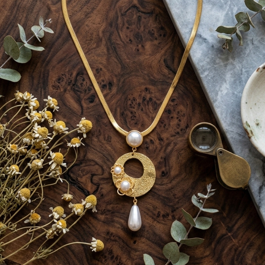 Vintage Pearl Drop Pendant Necklace – Gold-Tone Statement Necklace for Women