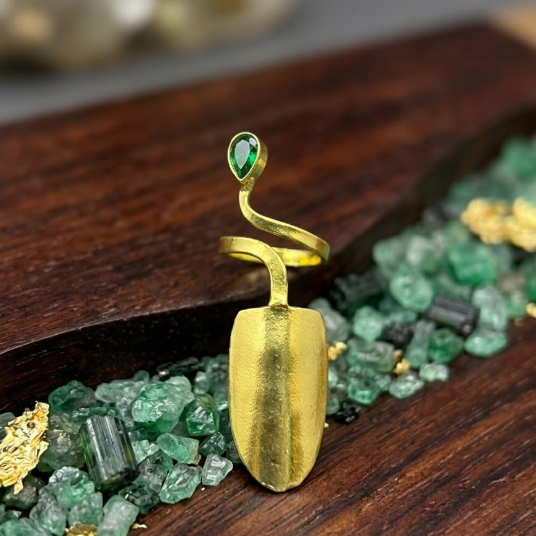 Artisan Gold-Tone Statement Ring – Sculptural Nail-Inspired Design with Green Accents