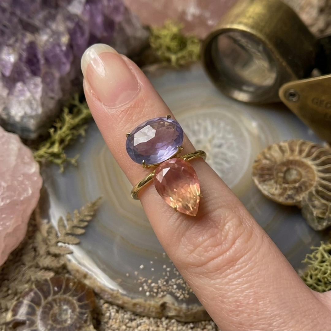 Celestial Dual Gemstone Ring – Lavender & Peach Crystal Gold Ring for Women