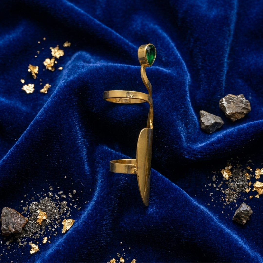 Artisan Gold-Tone Statement Ring – Sculptural Nail-Inspired Design with Green Accents