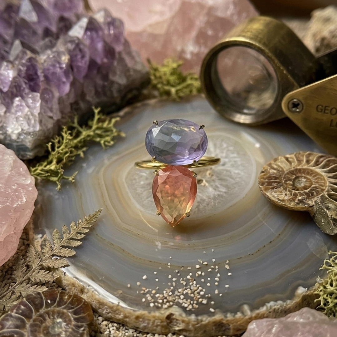 Celestial Dual Gemstone Ring – Lavender & Peach Crystal Gold Ring for Women