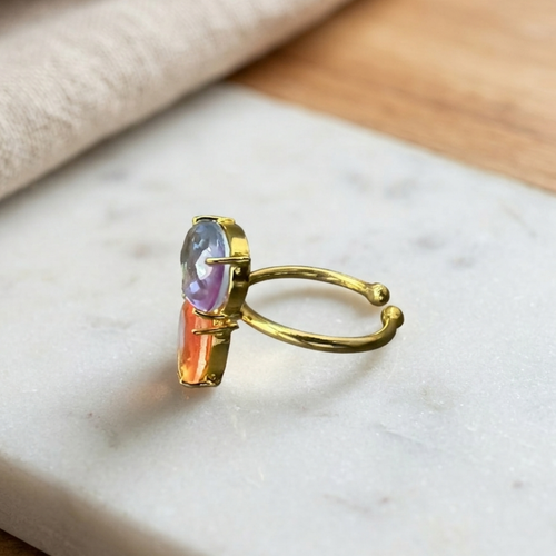 Celestial Dual Gemstone Ring – Lavender & Peach Crystal Gold Ring for Women