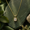 Emerald-Cut Crystal Halo Pendant Necklace – Timeless Gold-Tone Snake Chain