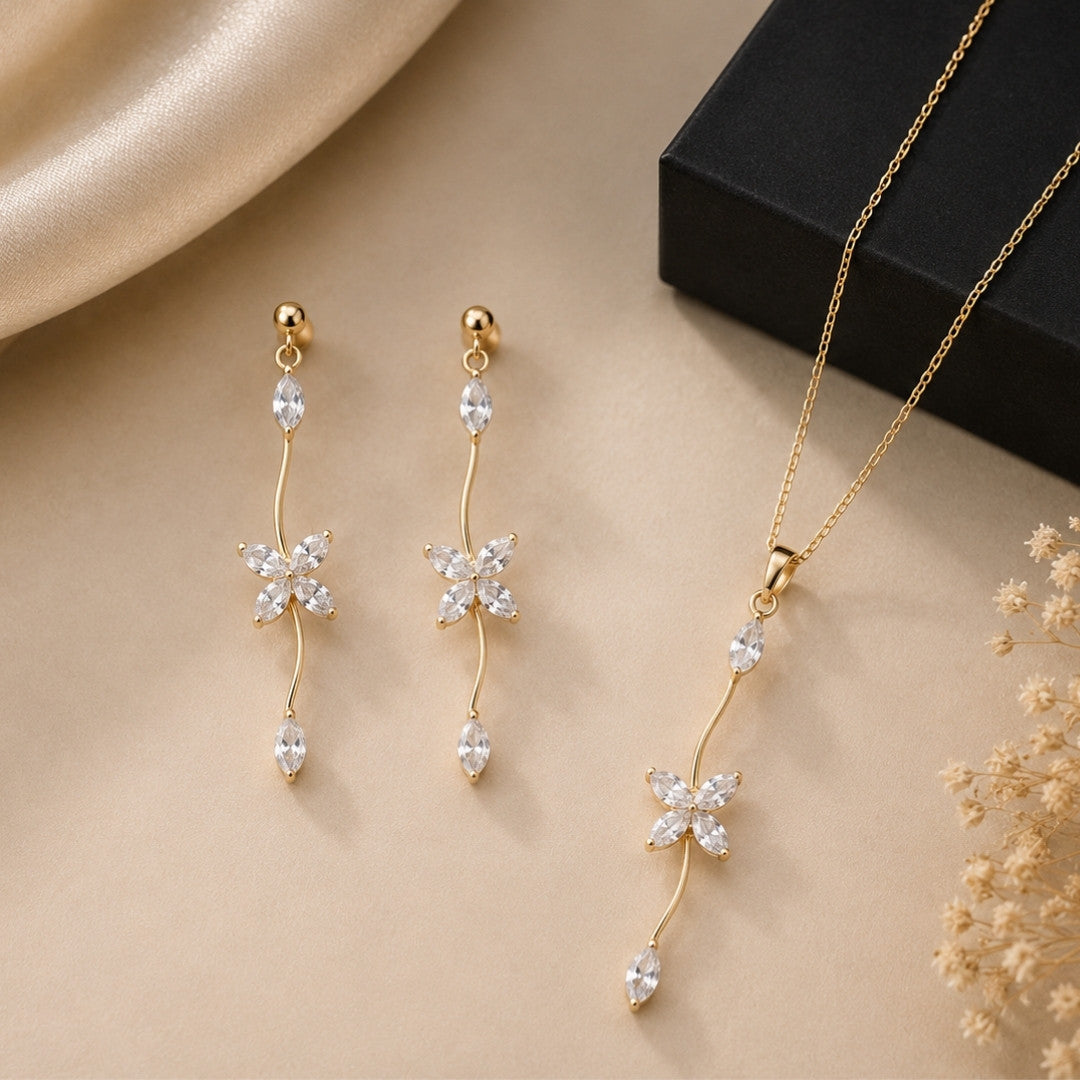 Crystal Bloom Floral Necklace & Earrings Combo Set